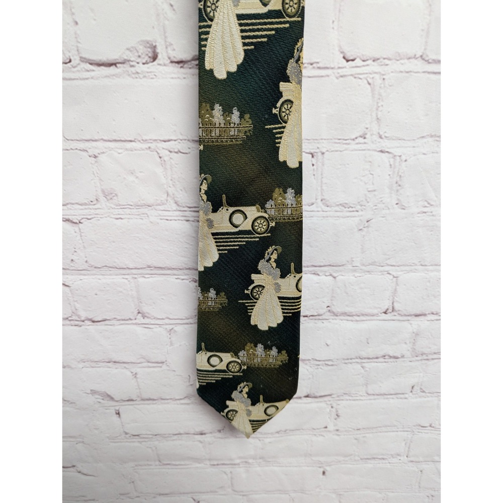 Vintage 70's Old Timey Green Automobile 1930's Fashion Gown Men's Wide Neck Tie